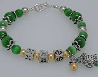 CHI ETA PHI 8" Beaded Bracelet with Sorority Greek Letters Green Yellow Accessory Gift