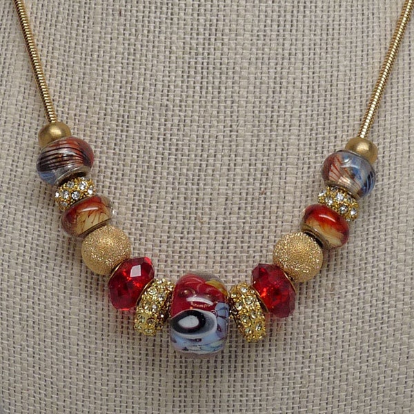 GOLDEN SUNSET NECKLACE:  20" European Style Large Hole Artist Lampwork Royal Red Gold Accessory Gift