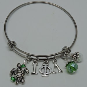May include: A silver bangle bracelet with charms. The charms include a turtle, a green crystal, a white crystal, and the letters I, Phi, and Lambda.