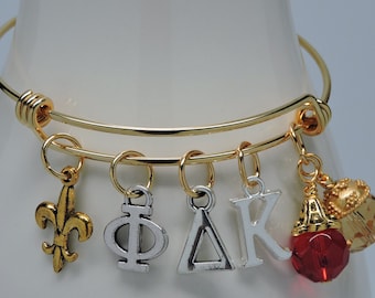NEW Dangling Phi Delta Kappa Professional Educator Bangle Bracelet Gold Red with Fleur-de-lis
