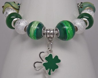A WEE BIT IRISH: Eropean Style Large Hole Bead Green Shamrocks St. Patricks Day Bracelet