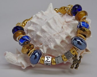 SIGMA GAMMA RHO Sorority Greek Large Hole Bead Euro Bracelet Royal Blue Gold with Poodle