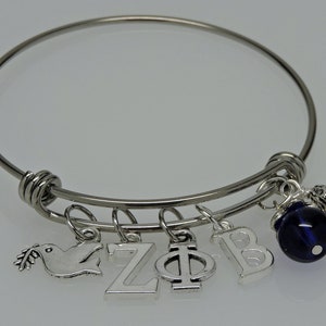 Dangling Zeta Phi Beta ADJUSTABLE WIRE BANGLE Bracelet Blue White with Dove