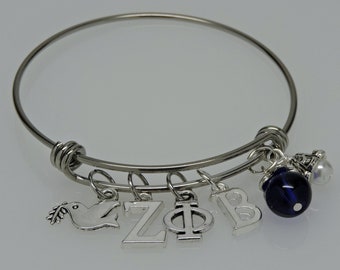 Dangling Zeta Phi Beta ADJUSTABLE WIRE BANGLE Bracelet Blue White with Dove