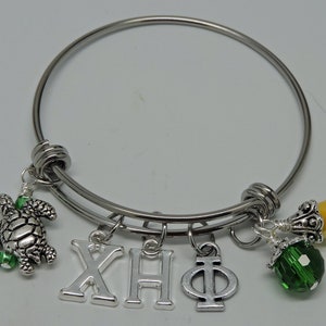 Dangling Chi Eta Phi ADJUSTABLE WIRE BANGLE Bracelet Green Yellow with Turtle