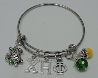 Dangling Chi Eta Phi ADJUSTABLE WIRE BANGLE Bracelet Green Yellow with Turtle