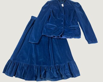 80's Vintage Velvet Skirt Suit Set Womens Small Blue Cotton