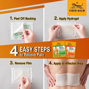 May include: An instructional graphic for Tiger Balm Medicated Plaster-RD showing 4 easy steps to relieve pain. The steps include peeling off the backing, applying the hydrogel, removing the film, and applying the plaster to the affected area on the back.