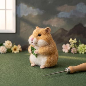 May include: A needle-felted hamster figurine with golden-brown and white fur, holding a small green felt leaf in its front paws. The hamster has a pink nose, dark eyes, and a rounded body. A wooden-handled felting needle lies nearby.