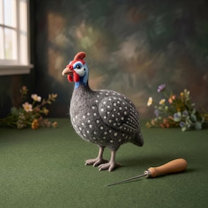 May include: A needle-felted guinea fowl figurine with dark gray wool, white polka dots, a bright red crest, and a blue face. The bird stands on two feet next to a wooden-handled felting needle tool on a green surface.