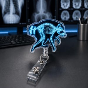 May include: A retractable badge reel featuring a clear acrylic topper with a glowing blue X-ray illustration of a raccoon skeleton. The design shows the skeletal structure of the animal in profile, attached to a transparent plastic clip mechanism.