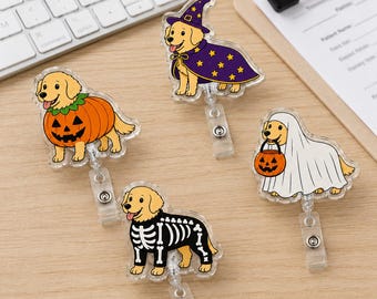 Golden Retriever Badge Reel, Halloween Dog Badge Reel, Spooky Nurse Badge Holder, Cute Dog ID Reel, Vet Tech Gift, Nurse Halloween Gift