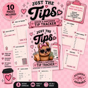 May include: A pink-themed server and bartender tip tracker set featuring 10 pages including daily tip trackers, shift earnings, weekly earnings, and work hours. The cover displays a bear wearing heart-shaped sunglasses holding a drink and cash.