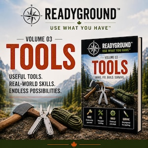 May include: A hardcover book titled READYGROUND Volume 03 TOOLS with a cover featuring an axe, multi-tool, flashlight, and paracord. The text reads USE WHAT YOU HAVE, MAKE. FIX. BUILD. SURVIVE. The same items are arranged on a rock surface in front.