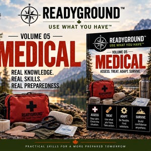 Puede incluir: Un libro titulado READYGROUND Volume 05 Medical con el subtítulo Assess. Treat. Adapt. Survive. La portada muestra un botiquín rojo, suministros médicos y una botella de metal. El texto dice Real Knowledge. Real Skills. Real Preparedness.