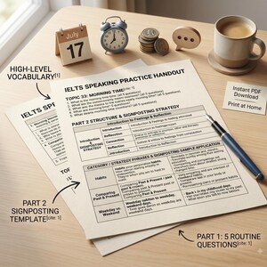 May include: Two sheets of paper titled IELTS SPEAKING PRACTICE HANDOUT with sections for Topic 33, Part 2 Structure and Signposting Strategy, and Category Strategy Phrases. A blue and silver pen rests on the paper near a coffee mug, coins, and a calendar.