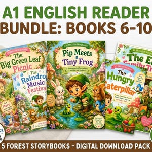 Pode incluir: Um pacote digital de cinco livros de histórias em inglês A1 intitulados The Big Green Leaf Picnic, The Raindrop Music Festival, Pip Meets a Tiny Frog, The Hungry Caterpillar e The Elf Family Tree, com ilustrações coloridas de florestas.