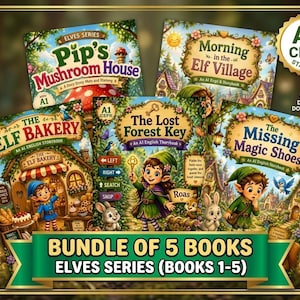 Pode incluir: Um pacote de download digital de cinco livros infantis ilustrados intitulados Pip's Mushroom House, Morning in the Elf Village, The Elf Bakery, The Lost Forest Key e The Missing Magic Shoes, com personagens de fantasia e cenários florestais.