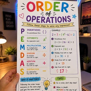 May include: A white educational poster titled ORDER of OPERATIONS in colourful letters. It lists PEMDAS steps: Parentheses, Exponents, Multiplication, Division, Addition, Subtraction. Includes a maths example, a lightbulb icon, and tips for students.