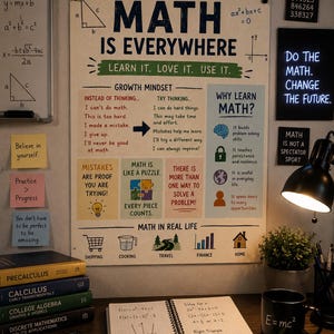 May include: A large educational poster titled MATH IS EVERYWHERE with growth mindset tips, mathematical concepts, and real-life applications. The poster features colourful icons, text, and diagrams. It is displayed on a wall above a desk with textbooks, a calculator, a notebook with handwritten equations, and a black mug with E=mc2 printed on it.