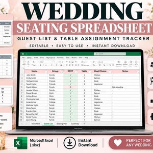 Könnte beinhalten: Ein Laptop-Bildschirm zeigt eine Hochzeits-Sitzplan-Tabelle mit Spalten für Name, Gruppe, RSVP, Tisch und Menüwahl. Die Benutzeroberfläche enthält Bereiche für Gästelisten, Sitzpläne und Zusammenfassungen mit Textbeschriftungen wie Wedding Seating Spreadsheet.