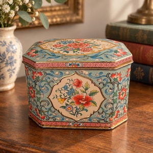 Può includere: Una scatola portaoggetti in metallo ottagonale con sfondo azzurro e intricati motivi floreali in rosso, rosa e giallo. Il coperchio e i lati presentano pannelli decorati con bordi smerlati contenenti dettagliate illustrazioni botaniche.