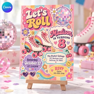 以下が含まれることがあります： Let's Roll, Madison is turning 8, Saturday October 17 at 2:00PM, The Parker Cottage 527 Marlowe Lane Bellrose, TX 78641, RSVP Claire 512-555-2746というテキストが書かれた長方形の誕生日招待状。デザインには、ピンク、黄色、青のローラースケート、ミラーボール、ハート、花、スマイリーフェイスが含まれています。
