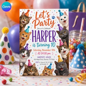 May include: A rectangular birthday invitation card featuring eight cats wearing colourful party hats. The text reads: Let's Party, Join us to Celebrate HARPER is turning 10, Saturday, November 14th At 04:00 pm, HARPER'S HOUSE 426 Maple Drive, Riverton, TX 75062, RSVP to Jenna at 555-317-6842 by November 1st.