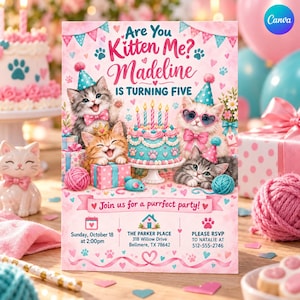 Może przedstawiać: Różowe zaproszenie na urodziny z trzema kotkami, tortem z pięcioma świeczkami i dekoracjami. Tekst głosi: Are You Kitten Me? Madeline IS TURNING FIVE, Join us for a purrfect party!, Sunday, October 18 at 2:00pm, 318 Willow Drive.