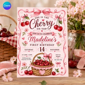 Op de afbeelding: Een roze verjaardagsuitnodiging met een mand vol kersen, kersenillustraties en roze linten. De tekst luidt: She is the Cherry on top! Join us to celebrate Madeline's First Birthday, zaterdag 14 november, 14:00-17:00 uur, 426 Blossom Lane, Rosewood, CA 93527, RSVP aan Mommy 555-284-7316.