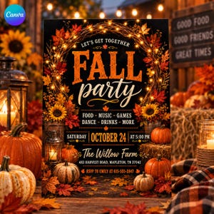 May include: A rectangular fall party invitation flyer featuring a black background, a wreath of autumn leaves and fairy lights, and orange text reading: LET'S GET TOGETHER FALL party, FOOD - MUSIC - GAMES, DANCE - DRINKS - MORE, OCTOBER 24, The Willow Farm.