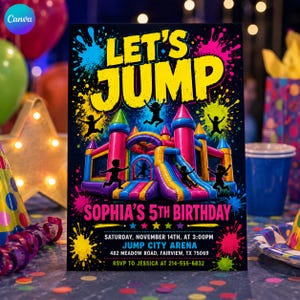 May include: A rectangular birthday party invitation card with a black background featuring neon paint splatters. The text reads LET'S JUMP, SOPHIA'S 5TH BIRTHDAY, SATURDAY, NOVEMBER 14TH, AT 3:00PM, JUMP CITY ARENA, 482 MEADOW ROAD, FAIRVIEW, TX 75069, RSVP TO JESSICA AT 214-555-6832.