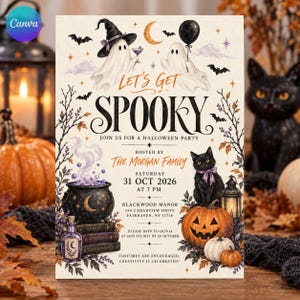 Vintage Halloween-feestuitnodiging, 'Let's Get Spooky'-feestuitnodiging voor volwassenen, aquarel spook, zwarte kat en heksenketel, Canva-sjabloon E292