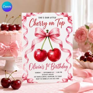 Op de afbeelding: Een rechthoekige verjaardagsuitnodigingskaart met een aquarelillustratie van twee rode kersen vastgebonden met een roze lint. De tekst luidt: SHE'S OUR LITTLE Cherry on Top, Olivia's 1st Birthday, Sunday, September 20, 3:00 PM, Olivia's House, 347 Maple Drive, Fairview, TX 75069, RSVP to Emma at 214-555-7382.