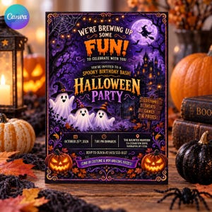 Op de afbeelding: Een rechthoekige Halloween-feestuitnodiging met drie geesten in heksenhoeden, een spookhuis, een volle maan met een heksensilhouet en oranje pompoenen. Tekst bevat: We're Brewing Up Some Fun, Halloween Party, October 25th, 2026.
