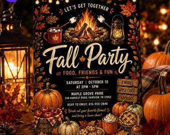 Fall Party Invitation, Bonfire Autumn Festival Invite, Cozy Smores Campfire Harvest Dinner Card, Editable Canva Template E165