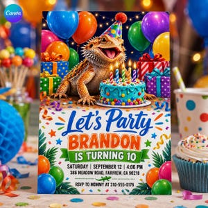 May include: A birthday party invitation featuring a bearded dragon wearing a colourful party hat next to a blue cake with lit candles. The text reads: Let's Party BRANDON IS TURNING 10, SATURDAY | SEPTEMBER 12 | 4:00 PM, 386 MEADOW ROAD, FAIRVIEW, CA 90218, RSVP TO MOMMY AT 310-555-0176.