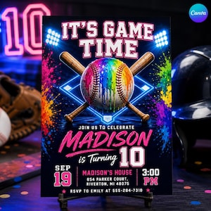 May include: A rectangular party invitation sign featuring the text IT'S GAME TIME, a rainbow-colored baseball with paint drips, and two crossed wooden bats. The sign includes details for Madison's 10th birthday on September 19 at 3:00 PM.