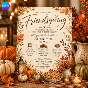 May include: A Friendsgiving invitation card featuring autumn leaves, berries, and pumpkins. Text includes: You're invited to a Friendsgiving, Grateful Hearts, Good Food & Great Company, Let's give thanks & celebrate Friendship, Saturday November 14, 2026, The Willow Home, 347 Maple Lane, Fairhaven, VT 05473, Bring a Dish, Drinks Provided, Please RSVP, Good times, full plates, Thankful Hearts, Kindly RSVP to Emily at (555) 284-6173.