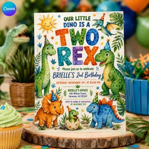 May include: A rectangular birthday invitation card featuring colorful cartoon dinosaurs wearing party hats, a yellow sun, and green leaves. The text reads: Our little dino is a two rex, please join us to celebrate Brielle's 2nd birthday, Saturday, November 14th, at 03:00 PM, Brielle's house, 426 Willow Street, Fairmont, AZ 85247, RSVP to Jenna at 5551234816 by November 5th.