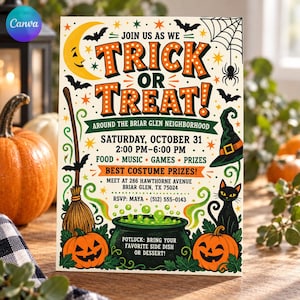 Peut inclure: Un flyer d'invitation pour une fête d'Halloween avec le texte TRICK OR TREAT, un croissant de lune, des chauves-souris, une toile d'araignée, un chapeau de sorcière, un balai, un chat noir et deux citrouilles autour d'un chaudron vert.