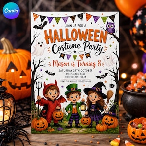 May include: A Halloween costume party invitation featuring three children in costumes, ghosts, bats, and pumpkins. Text reads: Join us for a Halloween Costume Party, Mason is Turning 8, Saturday 24th October, 318 Meadow Road, Bellrose, NY 10528, RSVP to Mom at 212-555-0146.