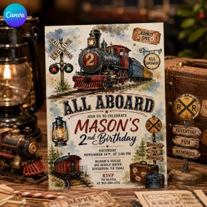 Könnte beinhalten: Eine Geburtstagseinladungskarte mit einer Aquarellillustration einer Dampflokomotive mit der Nummer 2. Der Text umfasst ALL ABOARD, MASON'S 2nd BIRTHDAY, SATURDAY NOVEMBER 14th, AT 2:00 PM, MASON'S HOUSE 482 MAPLE DRIVE RIVERTON, TX 75042, RSVP TO OLIVIA AT 555-284-6731.