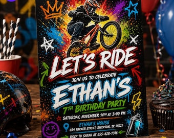 BMX Birthday Invitation, Bike Party Invite, Extreme Sports Birthday, Let's Ride Graffiti Card, Editable Canva Template E088