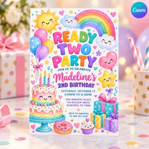 Könnte beinhalten: Eine bunte Geburtstagseinladungskarte mit Regenbogen, Sonne, Wolken, Luftballons und einer zweistöckigen Torte mit dem Text READY TWO PARTY, JOIN US TO CELEBRATE Madeline's 2ND BIRTHDAY, SATURDAY, OCTOBER 17, 2:00PM TO 6:30PM, THE BENNETT PLACE, 318 WILLOW DRIVE, FAIRVIEW, TX 75069, RSVP TO AMANDA AT 469-555-2148.
