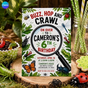 May include: A rectangular birthday invitation card featuring a central magnifying glass graphic surrounded by illustrations of insects including a bee, ladybug, dragonfly, and butterfly. The text reads: BUZZ, HOP AND CRAWL ON OVER TO CAMERON'S 6TH BIRTHDAY, SATURDAY, APRIL 18 AT 2:00PM-5:00PM, CAMERON'S HOUSE 384 MAPLE STREET GREENHAVEN, TX 75081, RSVP TO 555-014-6729.