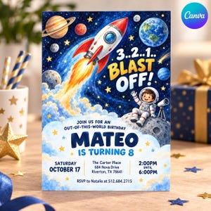May include: A rectangular birthday invitation card featuring a space theme with a rocket, planets, and an astronaut on a moon surface. The text reads 3..2..1.. BLAST OFF! JOIN US FOR AN OUT-OF-THIS-WORLD BIRTHDAY MATEO IS TURNING 8, plus event details.