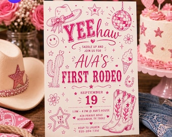 First Rodeo Birthday Invitation, Pink Disco Cowgirl Party Invite, Yeehaw 1st Birthday Card, Editable Canva Template E120