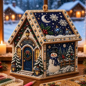 May include: A decorative house-shaped craft project featuring a dark blue exterior adorned with sparkling beads and rhinestones. The design includes a snowman, a wreath on the door with the word WELCOME, snowflakes, and a crescent moon.