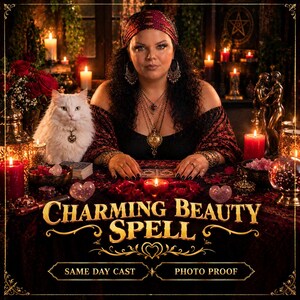 Könnte beinhalten: Eine Person mit dunklem lockigem Haar und Kopftuch sitzt an einem Tisch mit einer weißen Katze, roten Rosen, Kerzen und Kristallen. Der Text lautet CHARMING BEAUTY SPELL, SAME DAY CAST und PHOTO PROOF. Tarotkarten und Goldschmuck sind zu sehen.